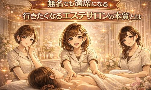 無名でも満席になるエステサロンの本質をテーマに、施術を行うエステティシャンとリラックスする女性客を描いた上品なアイキャッチ画像