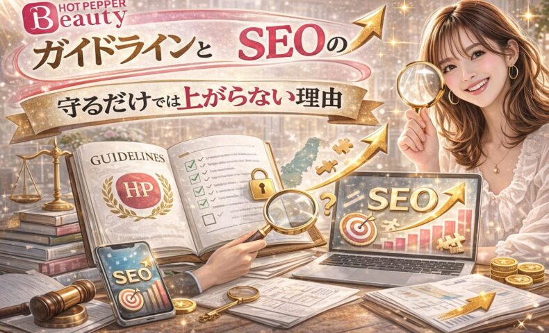 ホットペッパービューティーのガイドラインとSEOの関係をテーマに、ガイドライン冊子、虫眼鏡、SEO上昇グラフ、ノートPC画面を背景に、女性が微笑みながら虫眼鏡を持つ華やかなアイキャッチ画像。