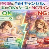 美容院の当日キャンセルにおけるOKとNGの違いを、体調不良で休む女性と遊びに出かける女性の対比で表現したアニメ風アイキャッチ画像
