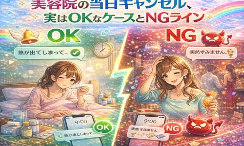 美容院の当日キャンセルにおけるOKとNGの違いを、体調不良で休む女性と遊びに出かける女性の対比で表現したアニメ風アイキャッチ画像