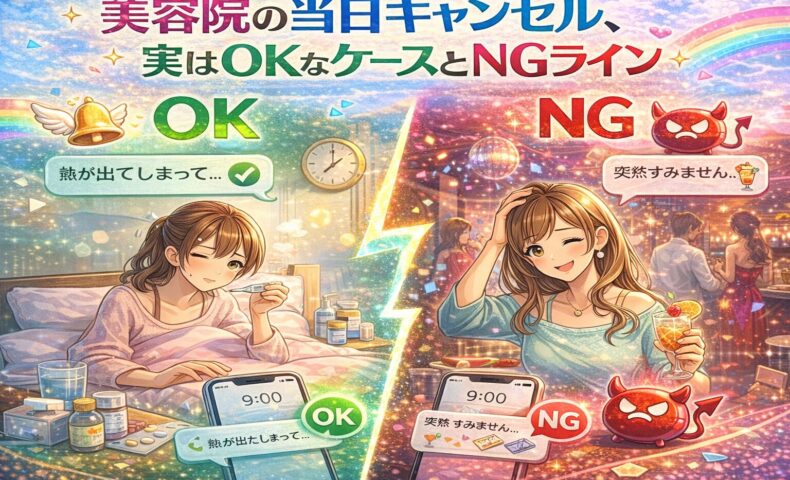 美容院の当日キャンセルにおけるOKとNGの違いを、体調不良で休む女性と遊びに出かける女性の対比で表現したアニメ風アイキャッチ画像