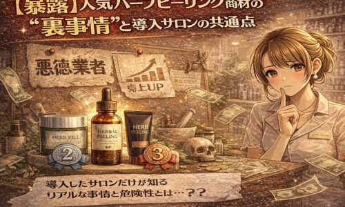 人気ハーブピーリング商材の裏事情と導入サロンの特徴を示す、エステティシャンと複数のスキンケア製品、比較グラフが描かれたアニメ風イラスト