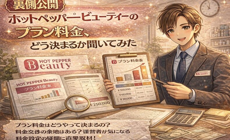 ホットペッパービューティーのプラン料金がどのように決まるのかを解説する、スーツ姿の担当者と料金表・グラフ・書類が描かれたアニメ風プロモーション画像