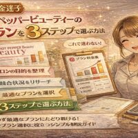 ホットペッパービューティーのプランを3ステップで選ぶ方法を解説するアニメ風イラスト。笑顔の女性スタッフ、料金表、チェックリスト、上昇グラフが描かれている。