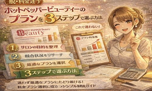 ホットペッパービューティーのプランを3ステップで選ぶ方法を解説するアニメ風イラスト。笑顔の女性スタッフ、料金表、チェックリスト、上昇グラフが描かれている。