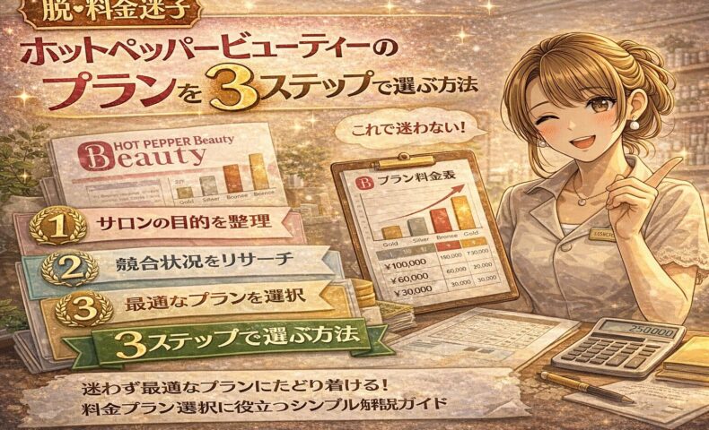 ホットペッパービューティーのプランを3ステップで選ぶ方法を解説するアニメ風イラスト。笑顔の女性スタッフ、料金表、チェックリスト、上昇グラフが描かれている。