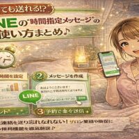 LINEの時間指定メッセージ機能の使い方を解説するアニメ風イラスト。ベッドでスマートフォンを持つ女性と目覚まし時計、送信手順を示す3ステップの画面が描かれている。