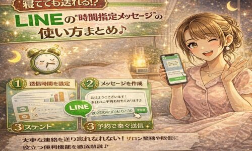 LINEの時間指定メッセージ機能の使い方を解説するアニメ風イラスト。ベッドでスマートフォンを持つ女性と目覚まし時計、送信手順を示す3ステップの画面が描かれている。