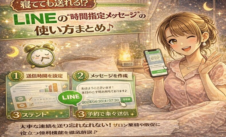 LINEの時間指定メッセージ機能の使い方を解説するアニメ風イラスト。ベッドでスマートフォンを持つ女性と目覚まし時計、送信手順を示す3ステップの画面が描かれている。