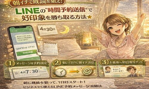 朝の時間帯にLINEの時間予約送信を活用して既読率と好印象を高める方法を解説したイラスト