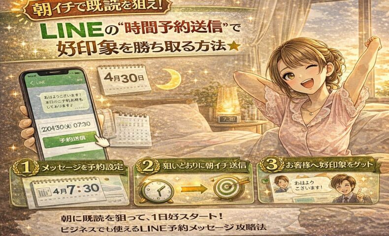 朝の時間帯にLINEの時間予約送信を活用して既読率と好印象を高める方法を解説したイラスト