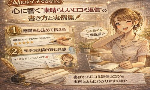 AIにはマネできない心に響く口コミ返信の書き方を解説する日本風イラストバナー。ノートに返信文を書く女性と、感謝・共感・丁寧対応のポイントが描かれている。