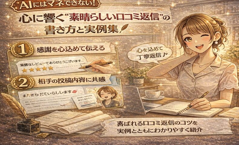 AIにはマネできない心に響く口コミ返信の書き方を解説する日本風イラストバナー。ノートに返信文を書く女性と、感謝・共感・丁寧対応のポイントが描かれている。