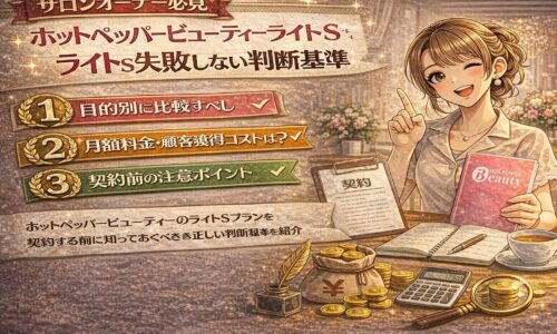 ホットペッパービューティーのライトS料金を契約前に判断するポイントを解説する、サロンオーナー向けの日本風デジタルイラストバナー