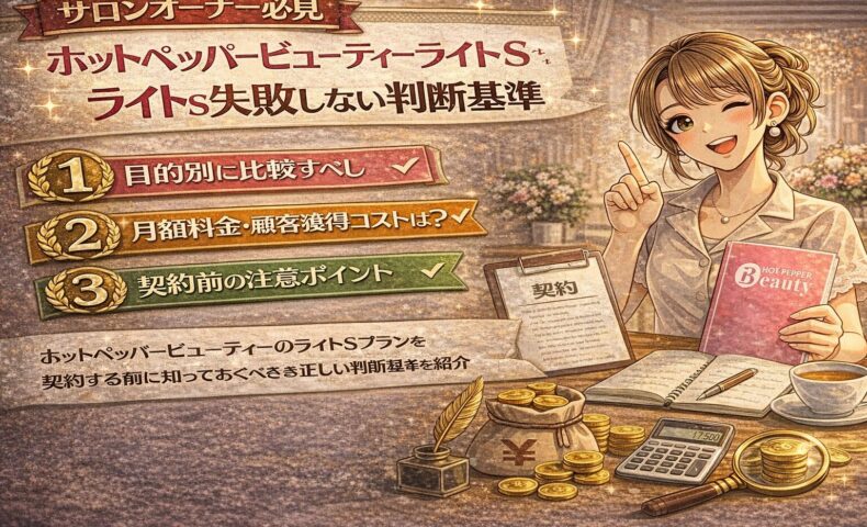 ホットペッパービューティーのライトS料金を契約前に判断するポイントを解説する、サロンオーナー向けの日本風デジタルイラストバナー