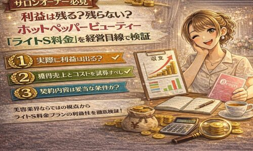 ホットペッパービューティーのライトS料金の利益性を経営目線で解説するアイキャッチ画像。売上グラフや電卓、コインなどが配置され、サロンオーナー向けの収支検証をイメージしたデザイン。