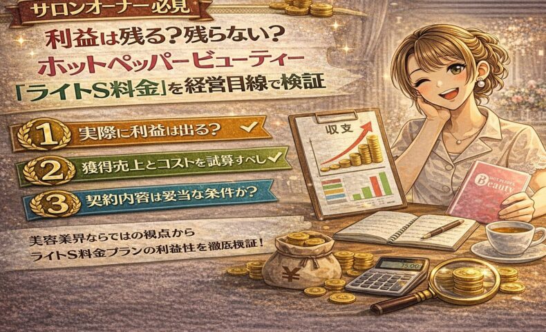 ホットペッパービューティーのライトS料金の利益性を経営目線で解説するアイキャッチ画像。売上グラフや電卓、コインなどが配置され、サロンオーナー向けの収支検証をイメージしたデザイン。