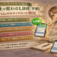 LINE予約送信の設定方法を解説するサロン向けアイキャッチ画像。スマートフォンのLINE画面やチェックリスト、笑顔の女性スタッフが配置され、売上アップや予約管理の最適化をイメージしたデザイン。