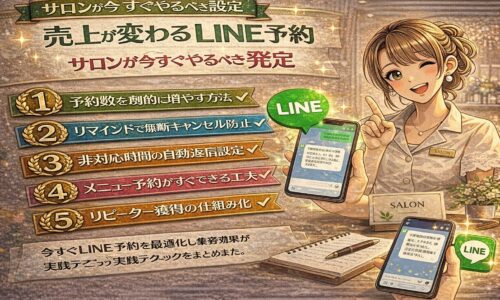 LINE予約送信の設定方法を解説するサロン向けアイキャッチ画像。スマートフォンのLINE画面やチェックリスト、笑顔の女性スタッフが配置され、売上アップや予約管理の最適化をイメージしたデザイン。