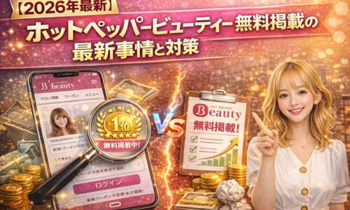 【2026年最新】ホットペッパービューティー無料掲載の最新事情と対策を解説するアイキャッチ画像。スマホ画面、無料掲載の表示、上昇グラフ、指差しする女性で集客改善を表現。