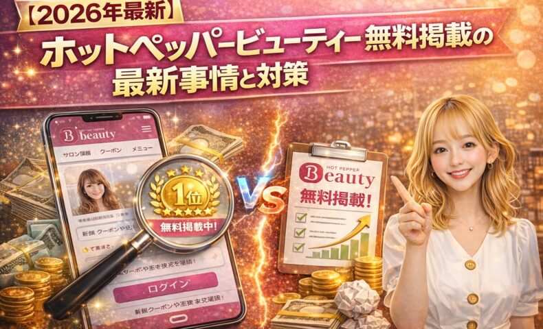 【2026年最新】ホットペッパービューティー無料掲載の最新事情と対策を解説するアイキャッチ画像。スマホ画面、無料掲載の表示、上昇グラフ、指差しする女性で集客改善を表現。