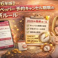 【2026年版】ホットペッパー予約キャンセル期限の最新ルールを解説するアイキャッチ画像。スマホ予約画面、期限変更チェックリスト、時計アイコン、指差しする女性で新ルールを表現。