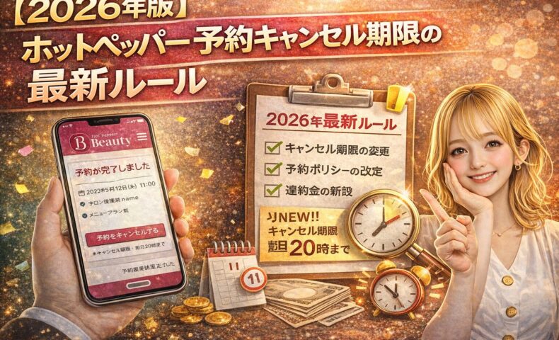 【2026年版】ホットペッパー予約キャンセル期限の最新ルールを解説するアイキャッチ画像。スマホ予約画面、期限変更チェックリスト、時計アイコン、指差しする女性で新ルールを表現。