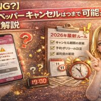 【当日NG？】ホットペッパーのキャンセル期限がいつまで可能かを解説するアイキャッチ画像。スマホの警告表示、時計やカレンダー、指差しする女性で期限ルールを表現。