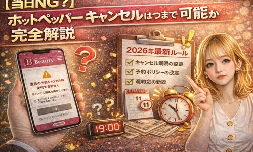 【当日NG?】ホットペッパーのキャンセル期限がいつまで可能かを解説するアイキャッチ画像。スマホの警告表示、時計やカレンダー、指差しする女性で期限ルールを表現。