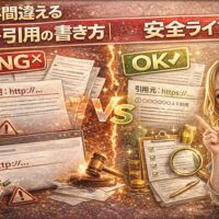 9割が間違えるネット引用の書き方と安全ラインを解説するアイキャッチ画像。NG表示の引用例とOK表示の正しい引用、指差しする女性で対比を表現。