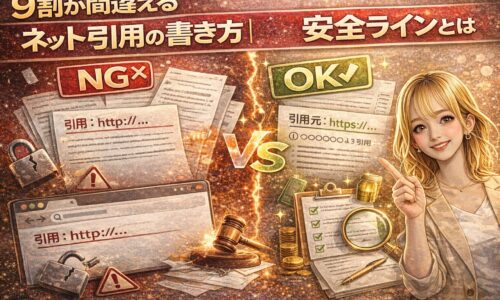 9割が間違えるネット引用の書き方と安全ラインを解説するアイキャッチ画像。NG表示の引用例とOK表示の正しい引用、指差しする女性で対比を表現。