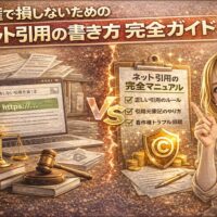 著作権で損しないためのネット引用の書き方を解説するアイキャッチ画像。引用元表示のあるPC画面、著作権マーク、法律書類、指差しする女性で安全な引用方法を表現。