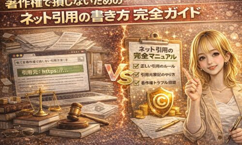 著作権で損しないためのネット引用の書き方を解説するアイキャッチ画像。引用元表示のあるPC画面、著作権マーク、法律書類、指差しする女性で安全な引用方法を表現。