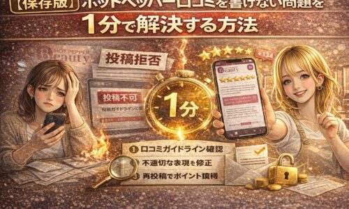 ホットペッパー口コミを書けない問題を1分で解決する方法を解説するアイキャッチ画像。投稿拒否表示に悩む女性と成功した口コミ画面、1分タイマーで即解決を表現。