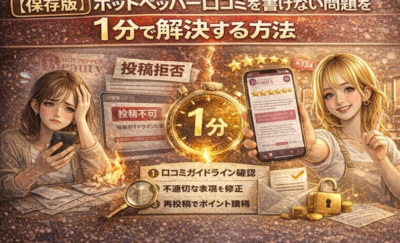 ホットペッパー口コミを書けない問題を1分で解決する方法を解説するアイキャッチ画像。投稿拒否表示に悩む女性と成功した口コミ画面、1分タイマーで即解決を表現。