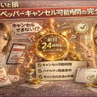 ホットペッパーのキャンセル可能時間の完全ルールを解説するアイキャッチ画像。警告表示に困る女性と24時間前ルールの時計、解説する女性で期限条件を表現。
