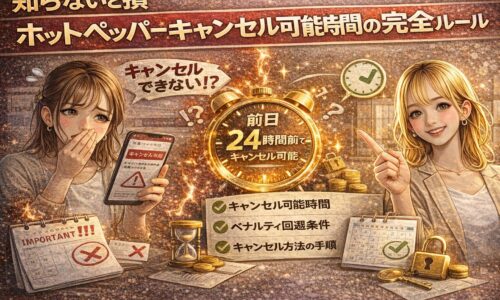 ホットペッパーのキャンセル可能時間の完全ルールを解説するアイキャッチ画像。警告表示に困る女性と24時間前ルールの時計、解説する女性で期限条件を表現。