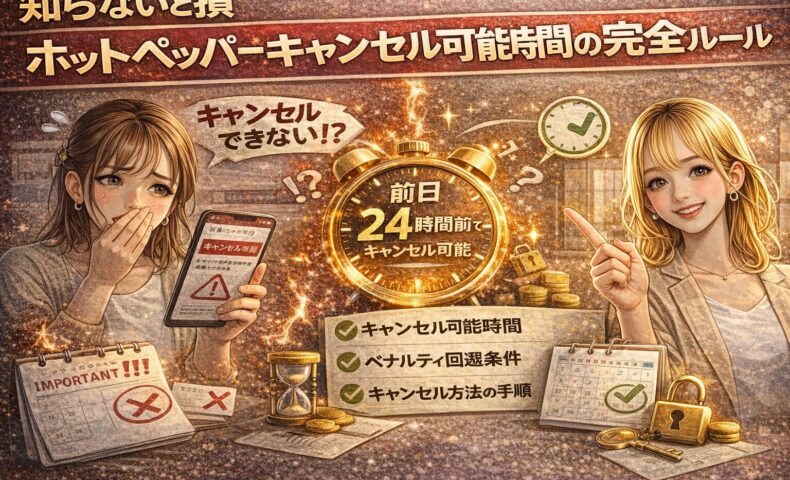 ホットペッパーのキャンセル可能時間の完全ルールを解説するアイキャッチ画像。警告表示に困る女性と24時間前ルールの時計、解説する女性で期限条件を表現。