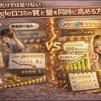 Google口コミの質と量を同時に高める方法を解説するアイキャッチ画像。星評価だけでは足りない状態と、レビュー数増加・高評価コメントを示す改善イメージで対比を表現。