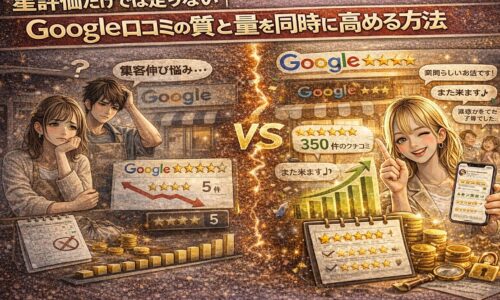 Google口コミの質と量を同時に高める方法を解説するアイキャッチ画像。星評価だけでは足りない状態と、レビュー数増加・高評価コメントを示す改善イメージで対比を表現。