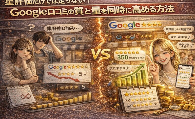 Google口コミの質と量を同時に高める方法を解説するアイキャッチ画像。星評価だけでは足りない状態と、レビュー数増加・高評価コメントを示す改善イメージで対比を表現。