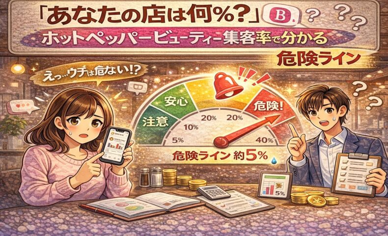 ホットペッパービューティーの集客率を示すグラフと「危険ライン5％」を前に、不安そうな女性と改善策を示す男性が描かれたイラスト。集客が伸び悩むサロンの現状を可視化したアイキャッチ画像