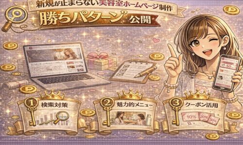 新規集客が止まらない美容室ホームページの勝ちパターンを示した華やかなイメージ