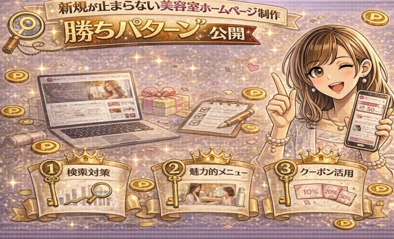 新規集客が止まらない美容室ホームページの勝ちパターンを示した華やかなイメージ
