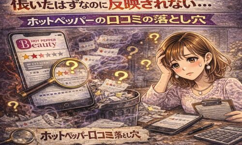 書いたはずなのに反映されないホットペッパー口コミの落とし穴を表現したアイキャッチ画像。低評価レビューが消えていく様子と、困惑した表情で考え込む人物のイラスト。