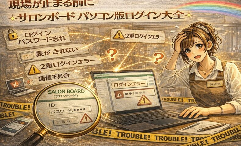 サロンボードのパソコン版ログイントラブルに悩む美容師と、ログインエラー画面や注意表示を描いたアンティーク調アニメ風アイキャッチ画像