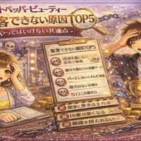 ホットペッパービューティーで集客できない原因TOP5をテーマにしたアイキャッチ画像。困った表情の男女オーナーと、ドクロアイコン付きの失敗チェックリスト（価値が伝わらない・放置ページ・弱い写真など）。鎖や虫眼鏡の演出で“やってはいけない共通点”を強調している。