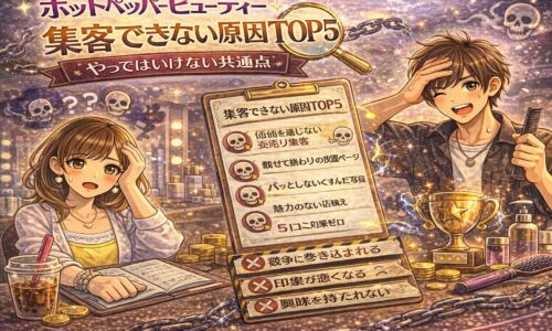ホットペッパービューティーで集客できない原因TOP5をテーマにしたアイキャッチ画像。困った表情の男女オーナーと、ドクロアイコン付きの失敗チェックリスト（価値が伝わらない・放置ページ・弱い写真など）。鎖や虫眼鏡の演出で“やってはいけない共通点”を強調している。
