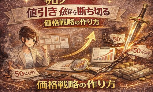 サロン値引き依存を断ち切る価格戦略の作り方をテーマに、50％OFFの鎖を断ち切り売上グラフが上昇する様子を描いたアイキャッチ画像