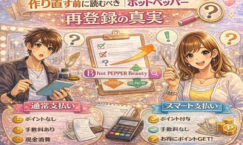 ホットペッパーアカウント再登録の注意点と真実を表現したカラフルな美容室イメージ